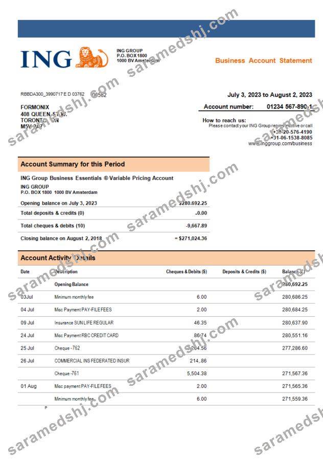 ING Groep bank company account statement Word and PDF template